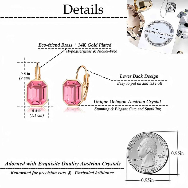 EVEVIC Austrian Crystal Octagon Leverback Drop Earrings for Women 14K Rose Gold Plated Hypoallergenic Jewelry (Rose Pink) - Image 4